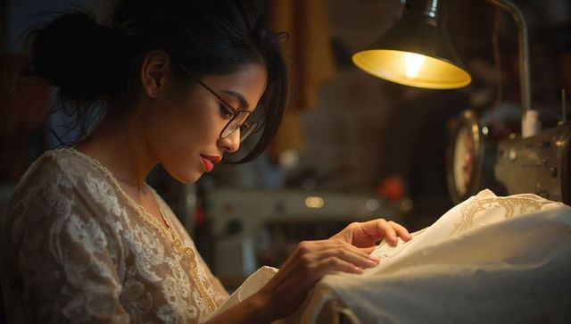 Seamstress hand-stitching delicate lace garment under warm lamp in vintage atelier