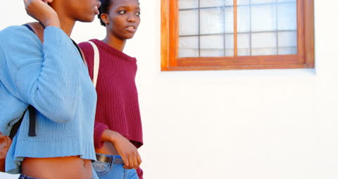 Twin Sisters Walking and Interacting in City Street