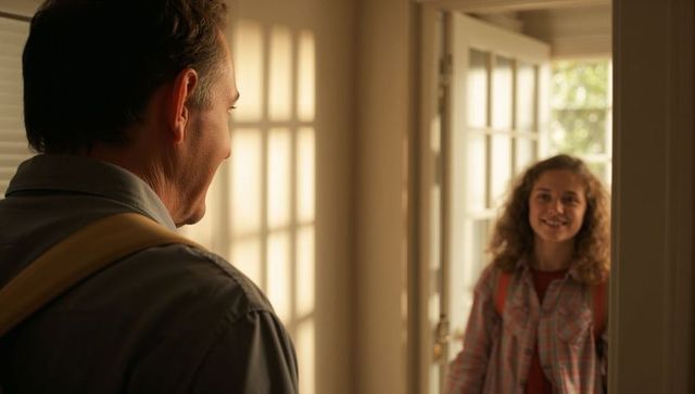 Parent greeting teenage child at home entryway, carrying backpack, warm sunlit welcome
