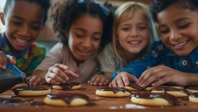 Joyful Children Decorating Cookies with Chocolate Sauce