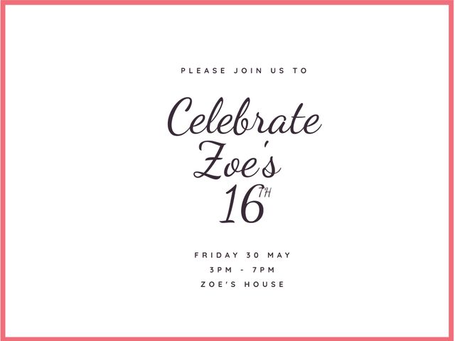 Ideal for sending out to friends and family for a lavish sweet sixteen celebration. The feminine, pink-bordered design adds a touch of refinement, perfect for marking this milestone birthday and making the invitation memorable. Suitable for both digital sharing and physical printing.