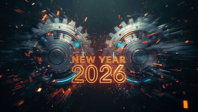 Futuristic neon new year 2026 countdown with spinning metallic gears and explosive sparks