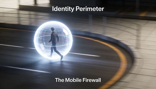 Walking man inside glowing holographic shield representing mobile identity perimeter