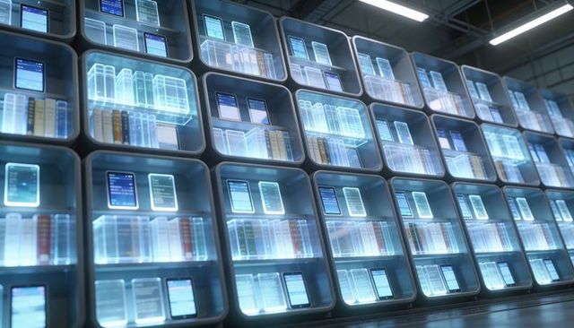 Futuristic holographic library wall grid with glowing modular shelves and digital tablets