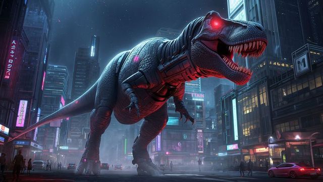 Robotic T. Rex Dominating Neon-Lit Cyberpunk Metropolis