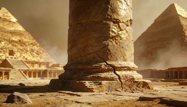 Cracked sandstone column base at ancient egyptian ruins with pyramids in golden light