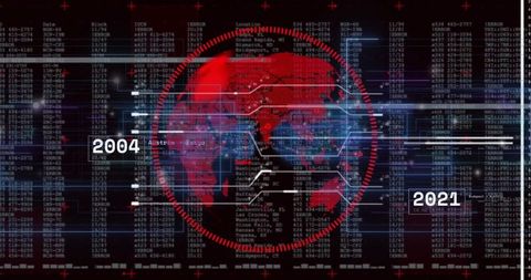 Futuristic world map interface with timeline and data visualization