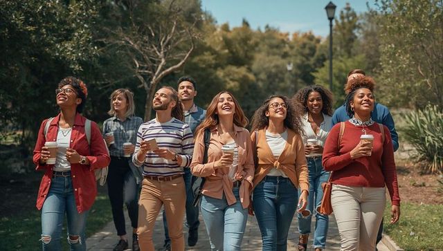 Young adults walking in park holding coffee cups and backpacks, laughing and socializing