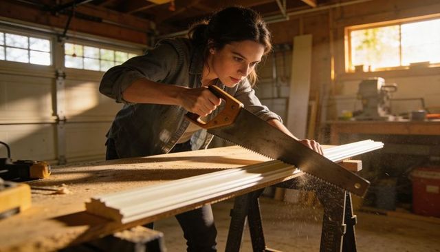 Woman sawing trim on sawhorses in sunlit garage workshop, diy carpentry and woodworking