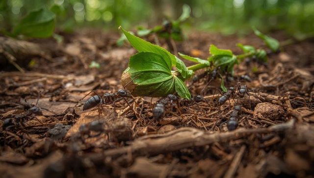 Leafcutter ants carrying green leaf fragment across forest floor macro closeup