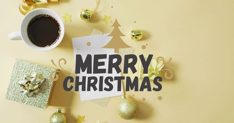 Merry Christmas card on elegant luxury gold flatlay with coffee cup, gift box and baubles