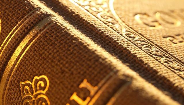 Golden cloth book spine catching warm light revealing gilded ornament and woven texture