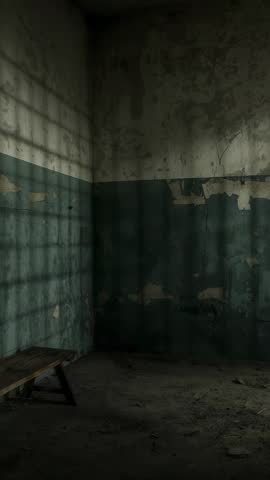 Vertical video showing abandoned concrete cell with wooden bench, peeling plaster and grid shadow