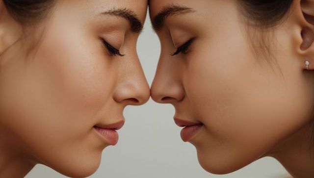 Two women foreheads touching intimate symmetrical close-up portrait for beauty and wellness