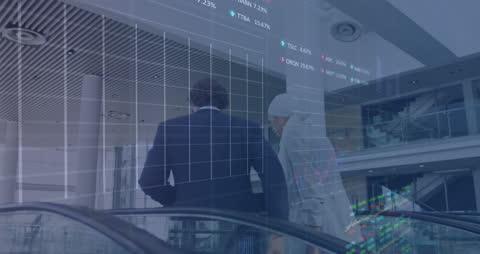 Financial Data Animation Over Busy Businesspeople in Modern Setting