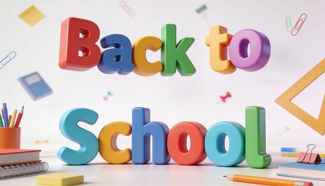 Colorful 3d back to school letters sitting on white desk with stationery and ruler