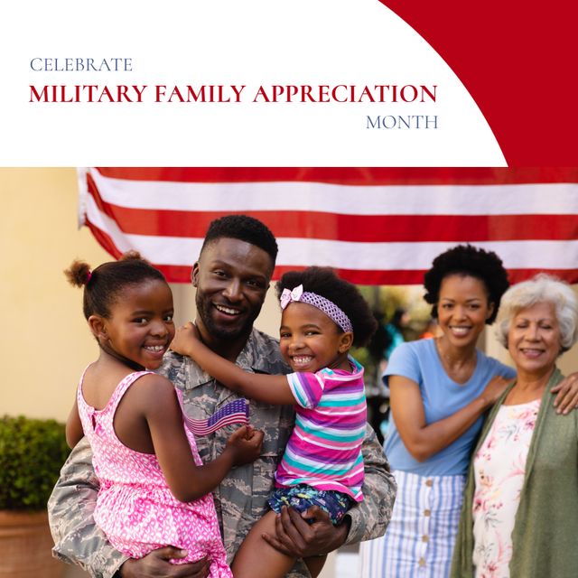 Image of military family appreciation month over happy african american family looking at camera. Military, army, soldiers and american patriotism concept.