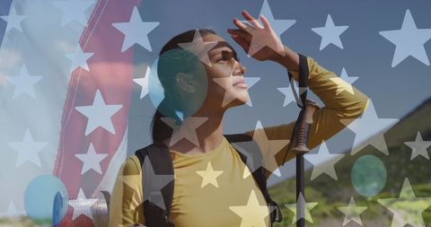 Woman Embracing Nature with American Flag Overlay