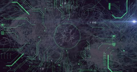 Futuristic cybersecurity interface with neon circuitry and central bug icon