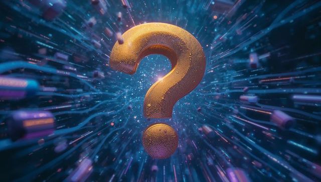 Golden 3d question mark in digital data matrix