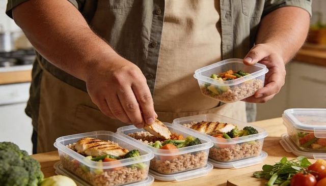 Meal-prepping grilled chicken with brown rice and mixed vegetables in clear containers