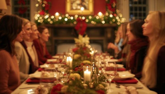 Women gathering around candlelit holiday dinner table with festive garland