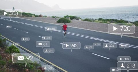 Solo runner on coastal road running with floating social media engagement overlays