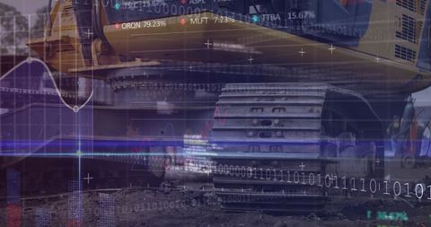 Digital Financial Data Over Earthmover in Junkyard Scene