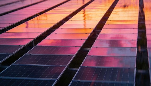 Sunset Reflecting Ground-Mounted Solar Panels in Diagonal Array for Renewable Energy