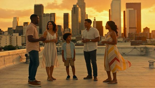 Multigenerational friends socializing on rooftop at golden hour with urban skyline sunset