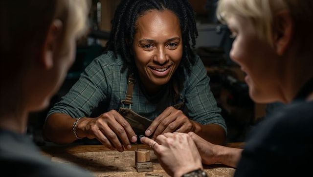 Hands-on jewelry mentorship guiding artisan shaping silver ring on mandrel at workbench