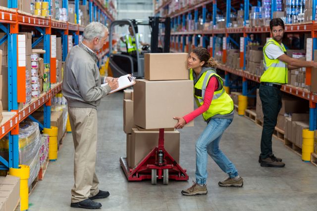 Warehouse manager supervising workers handling cardboard boxes in a large storage facility. Ideal for illustrating logistics, inventory management, teamwork, and supply chain operations. Useful for articles, blogs, and marketing materials related to warehousing, distribution, and industrial work environments.