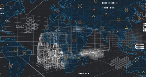 Wireframe truck model with global map and digital data patterns