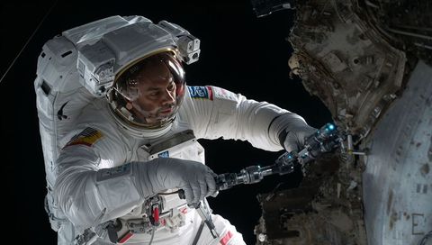 Extravehicular astronaut performing precision repair with pistol-grip tool on orbital module