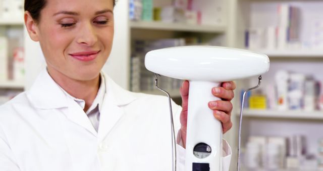 Pharmacist measuring tablets with pharmacy scale in pharmacy