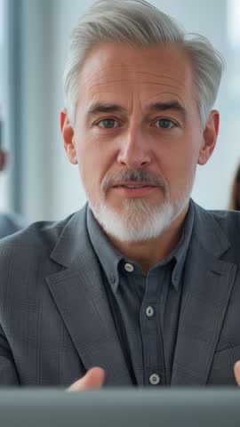 Executive Delivering Leadership Message During Virtual Meeting Pausing at Laptop