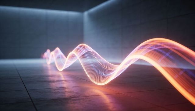 Waving neon light ribbon sliding across polished tile floor in concrete studio