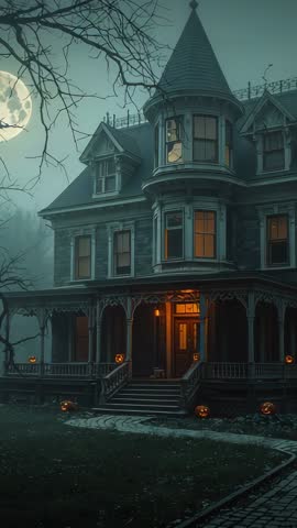 Vertical haunted Victorian mansion at night with glowing jack-o-lanterns and full moon