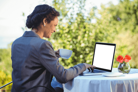 transparent working outdoors businesswoman enjoying coffee on terrace - Download Free Stock Videos Pikwizard.com