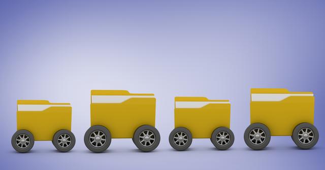 Illustration of four yellow folders mounted on wheels progressing in size. Symbolizes data management, file organization, and mobile storage solutions. Ideal for presentations, blogs, or articles pertaining to technology, digital storage, and data systems.
