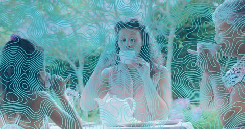 Multigenerational women enjoying coffee with smartphone and sunglasses, turquoise overlay