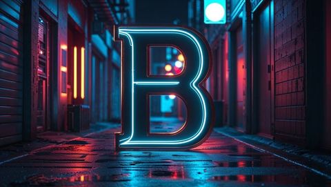 Glowing neon letter b in moody urban alley at night