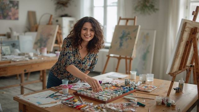 Smiling female artist reaching for paint pots in bright creative studio with canvases