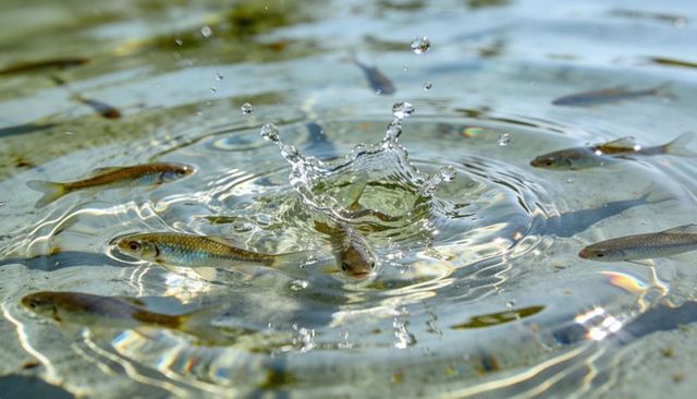 Leaping minnows creating crown splash in sunlit shallow pond with rippling water