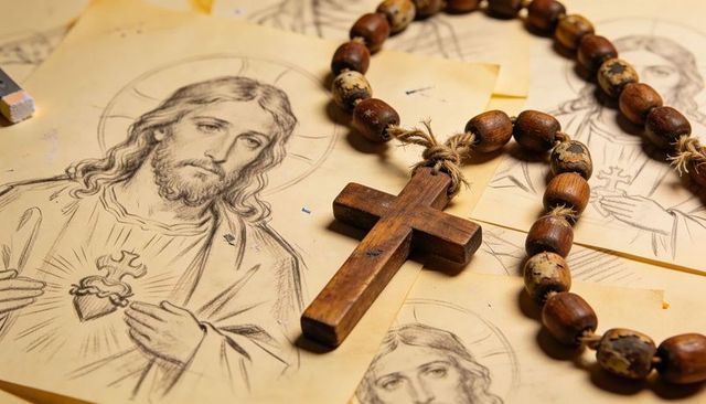 Wooden crucifix and rosary beads resting on pencil sketches of jesus, devotional art study