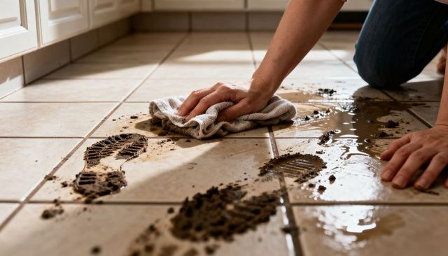 Kneeling adult wiping muddy boot prints with cloth on sunlit ceramic kitchen floor