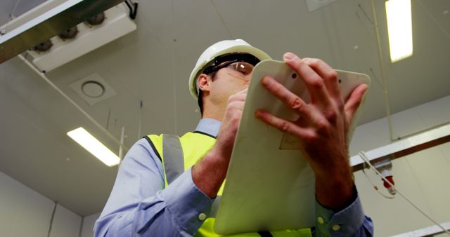 Engineer wearing hard hat and high visibility vest conducting inspection in industrial facility. Holding clipboard, recording details. Useful for industrial safety, engineering practices, compliance audits, technical assessments.