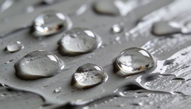Macro water droplets beading on grooved metallic gray surface with glossy reflections