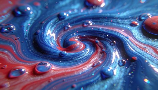 Swirling iridescent metallic blue red paint vortex with glitter droplets macro abstract