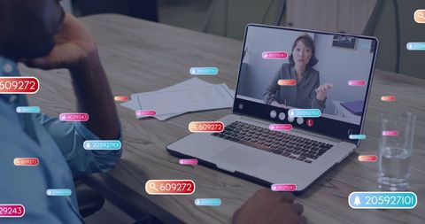 Remote video meeting displaying businesswoman speaking with data tags and analytics